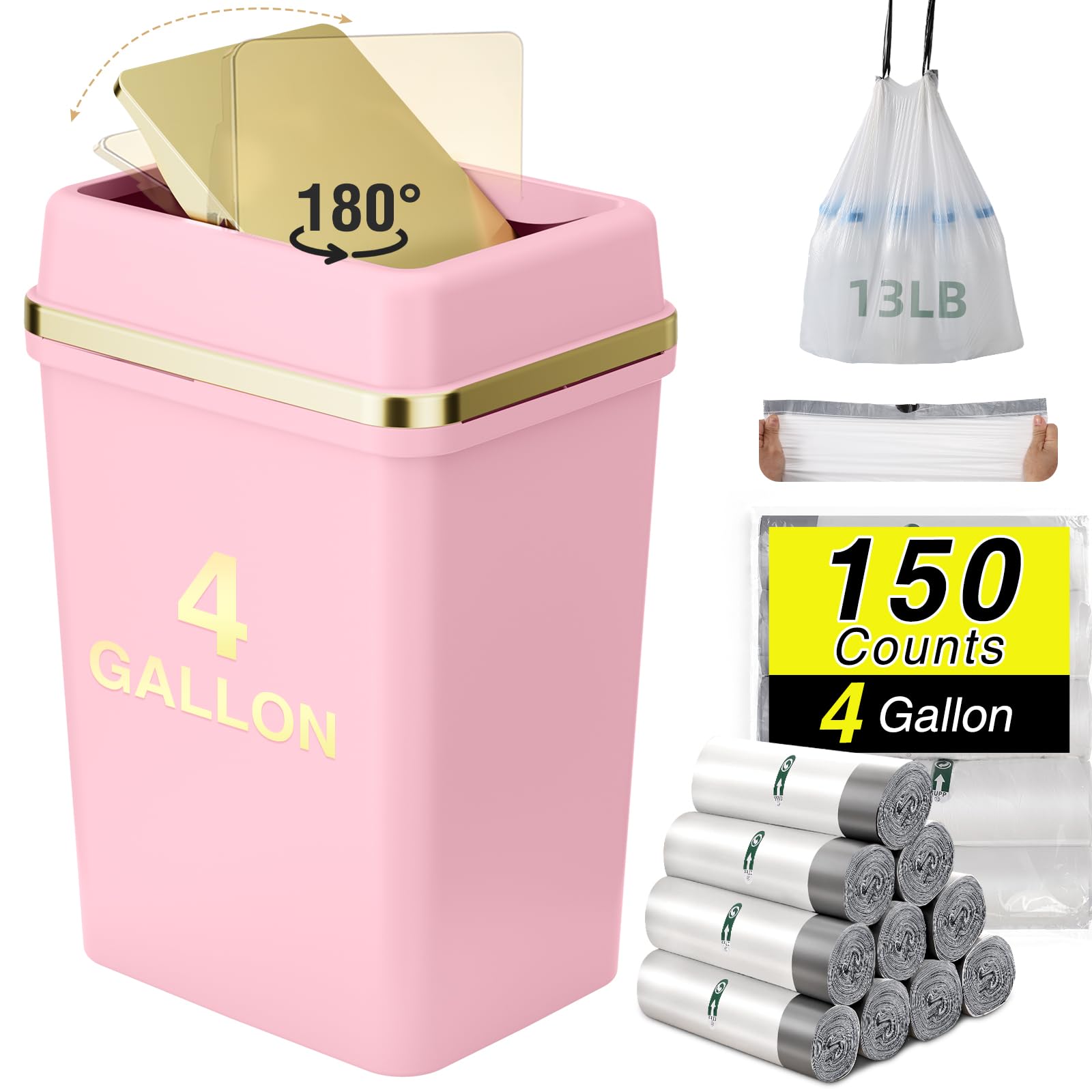 WSBArt pink trash can with lid, 4 gallon, enhances bathroom organization.