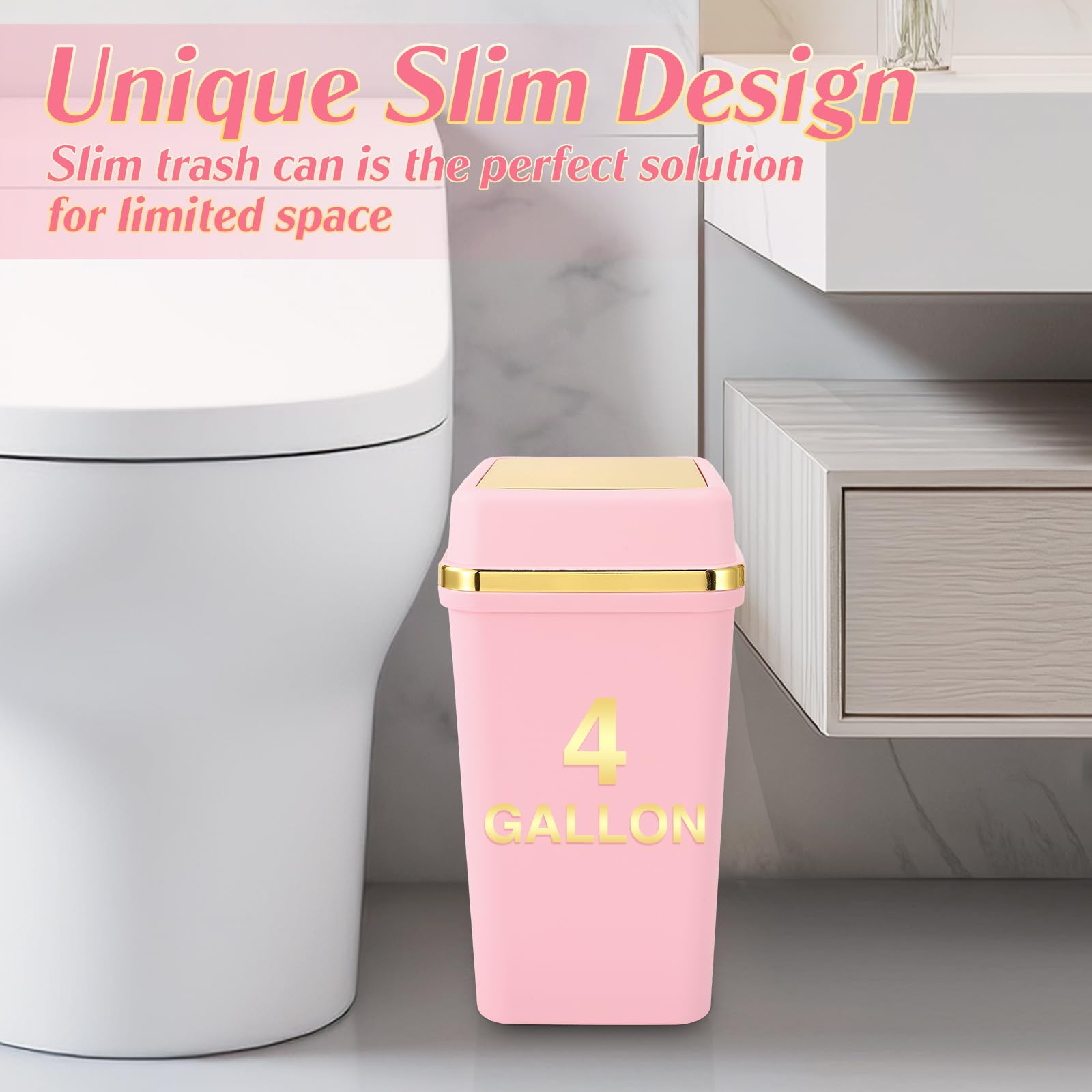 WSBArt sturdy ABS pink trash can with lid resists wear.