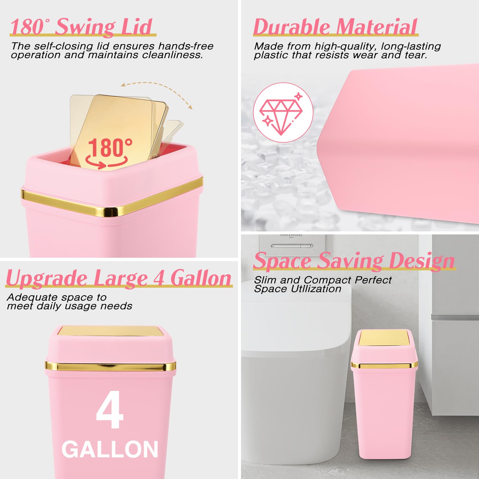 WSBArt pink slim trash can under-sink setup saves bathroom space.