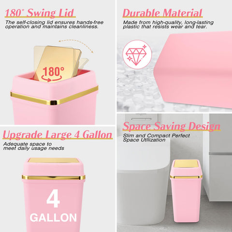 WSBArt pink slim trash can under-sink setup saves bathroom space.
