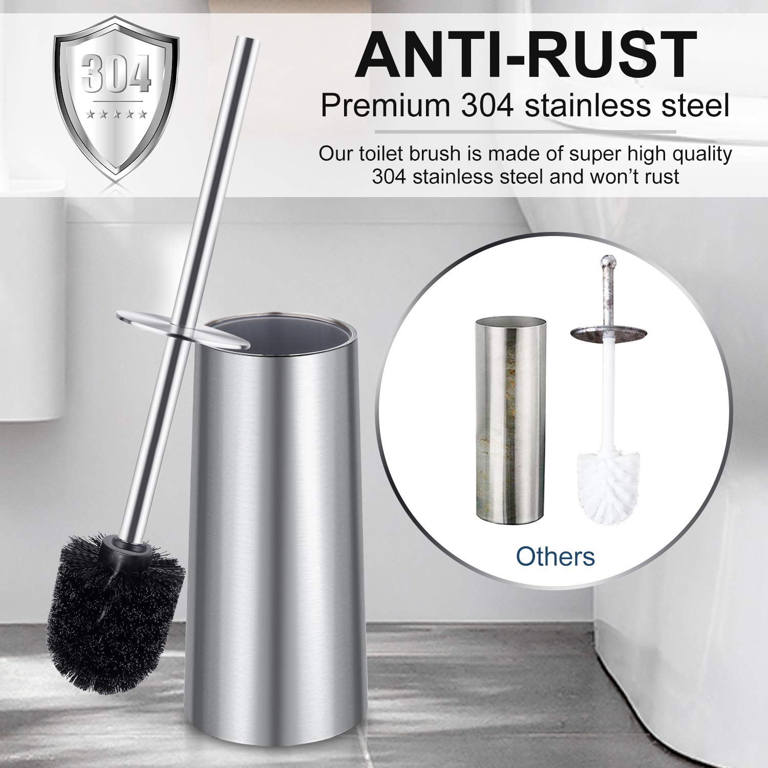 Wsedor long-handle toilet brush with 304 stainless steel for easy reach.