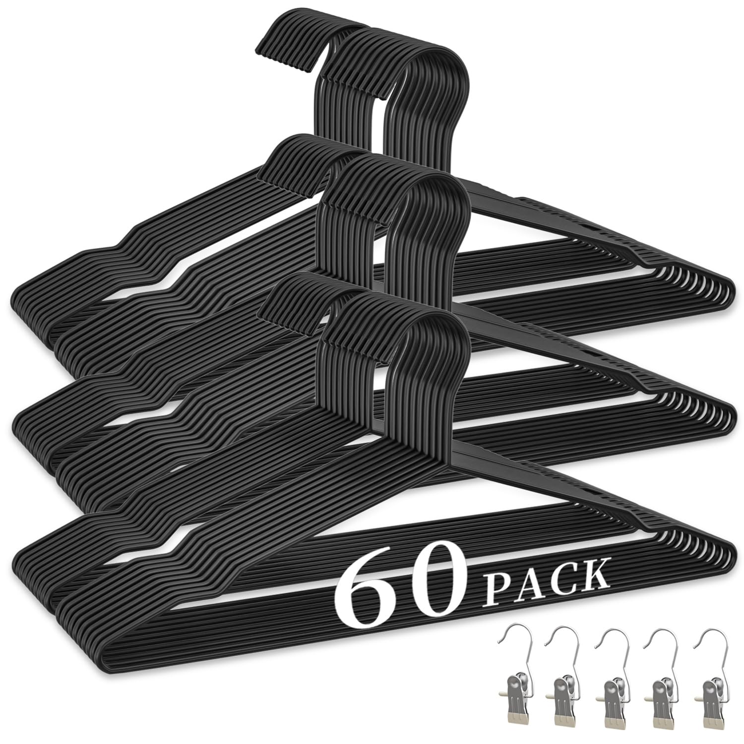 WSJYKN 60-pack metal wire hangers arranged for organized closet storage and easy outfit selection.