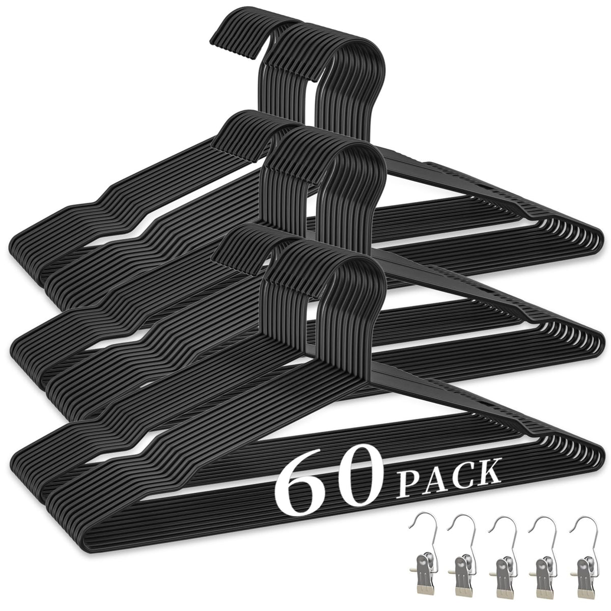 WSJYKN 60-pack metal wire hangers arranged for organized closet storage and easy outfit selection.