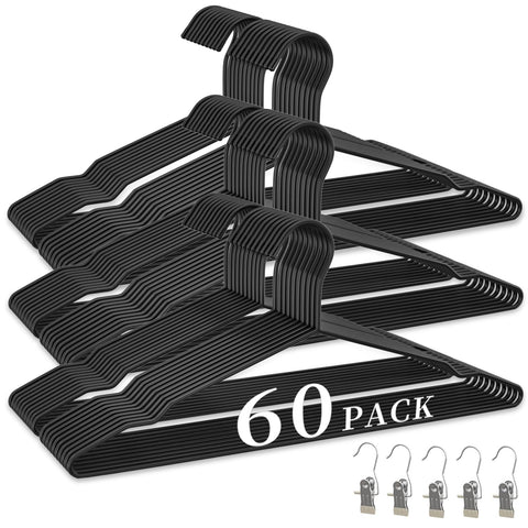 WSJYKN 60-pack metal wire hangers arranged for organized closet storage and easy outfit selection.
