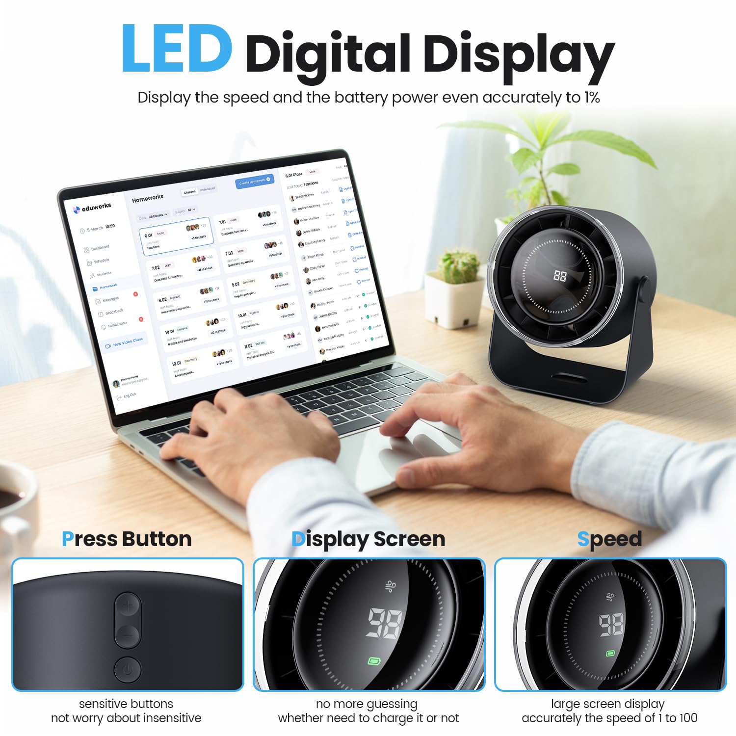 WSKEN desk fan with digital display shows speed and battery life