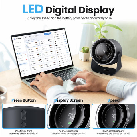 WSKEN desk fan with digital display shows speed and battery life
