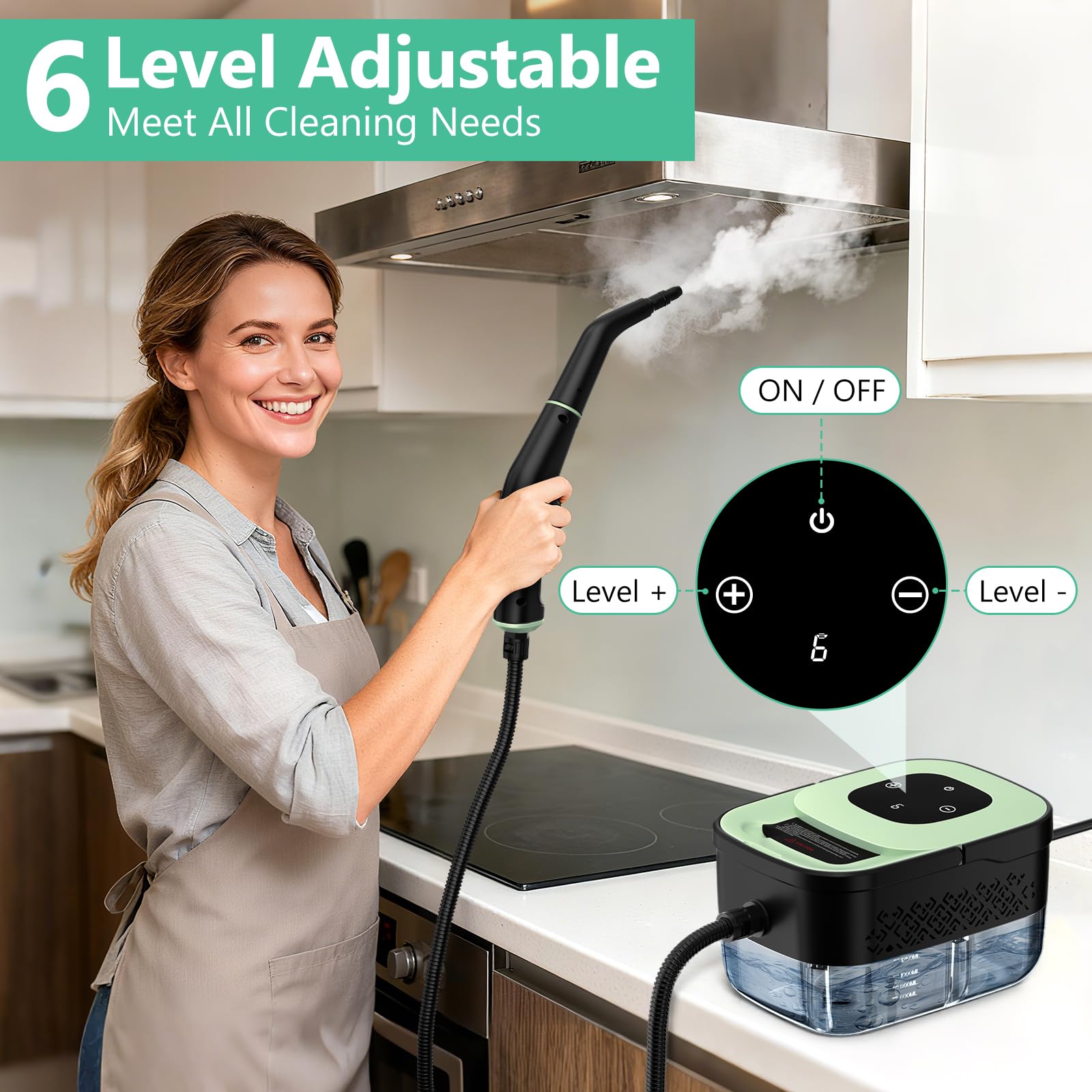 WSRYYCC steam cleaner features a 1.25 L tank for extended sessions.
