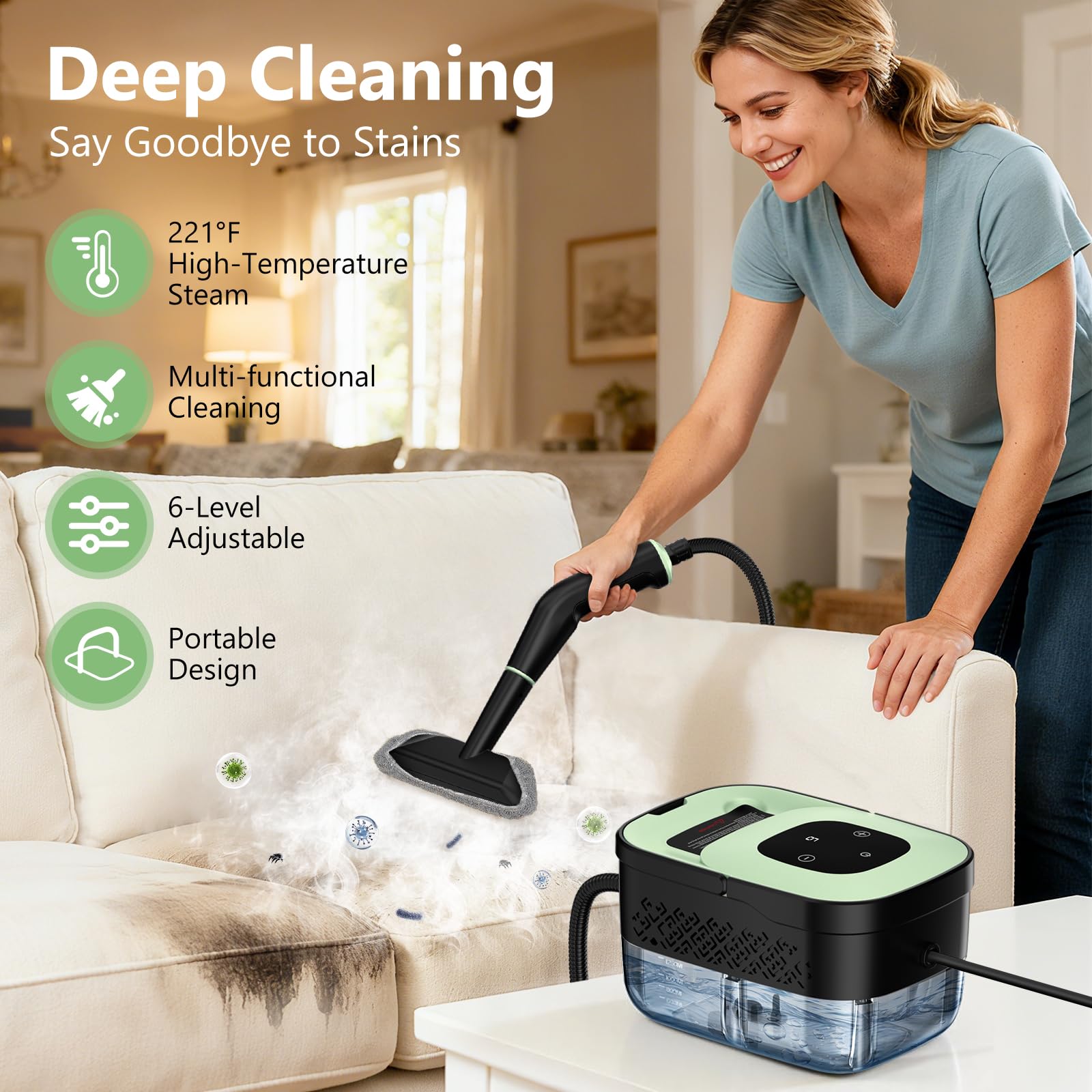 WSRYYCC steam cleaner heats in 15 seconds for quick, powerful cleaning.