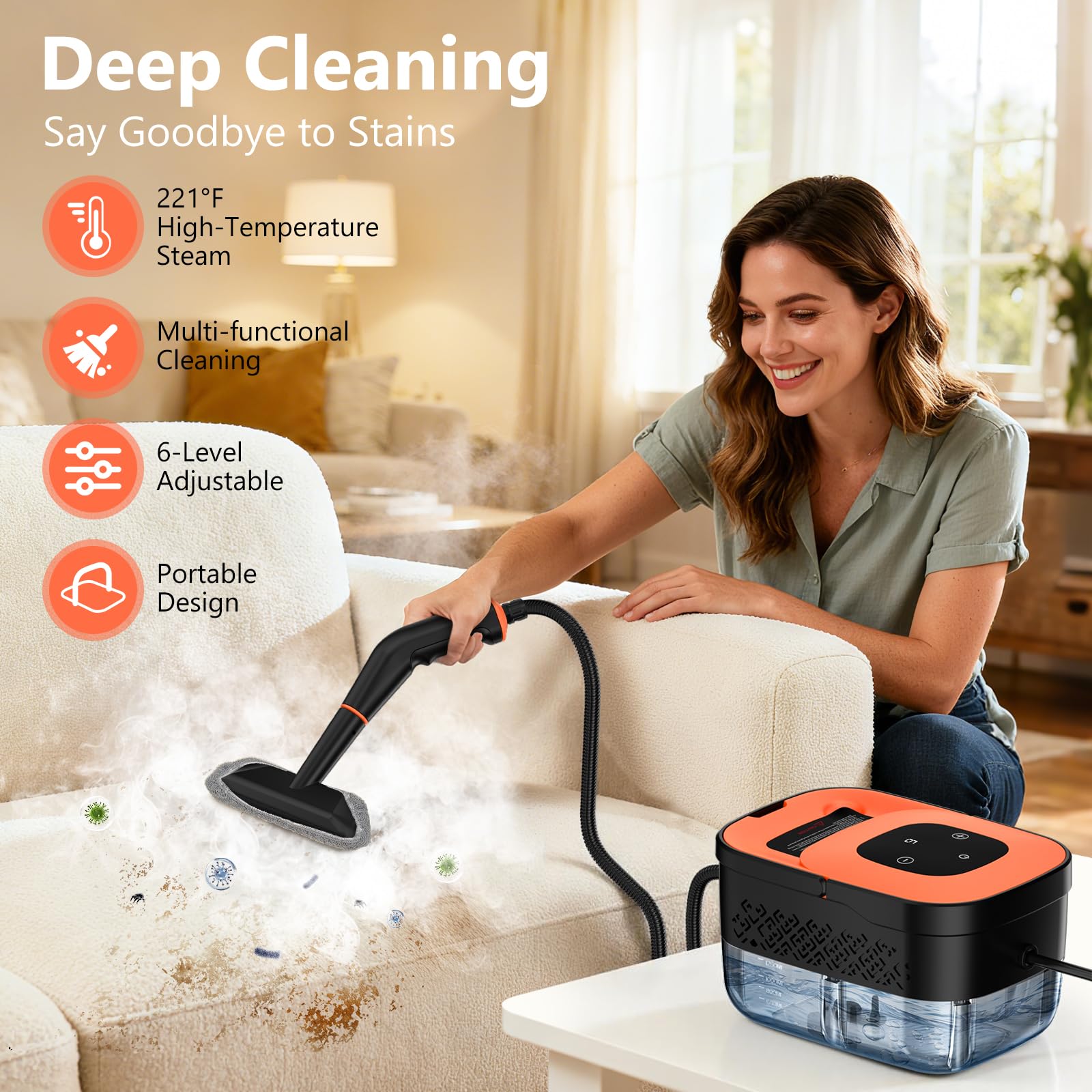 WSRYYCC steam cleaner with 6-level control for precise steam intensity.