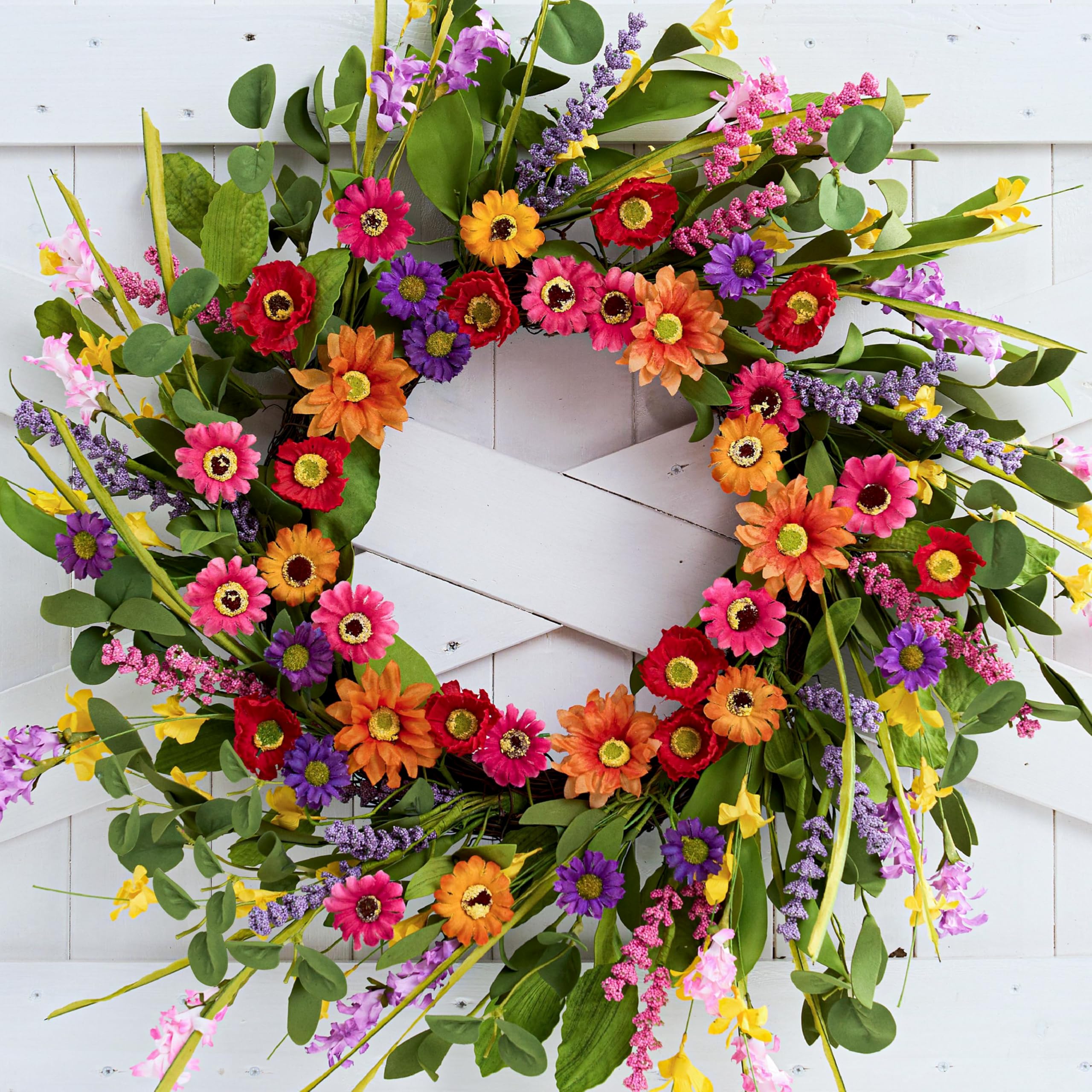 WSTPUPU artificial spring wreath with green eucalyptus, pink daisies, lavender for welcoming front doors.