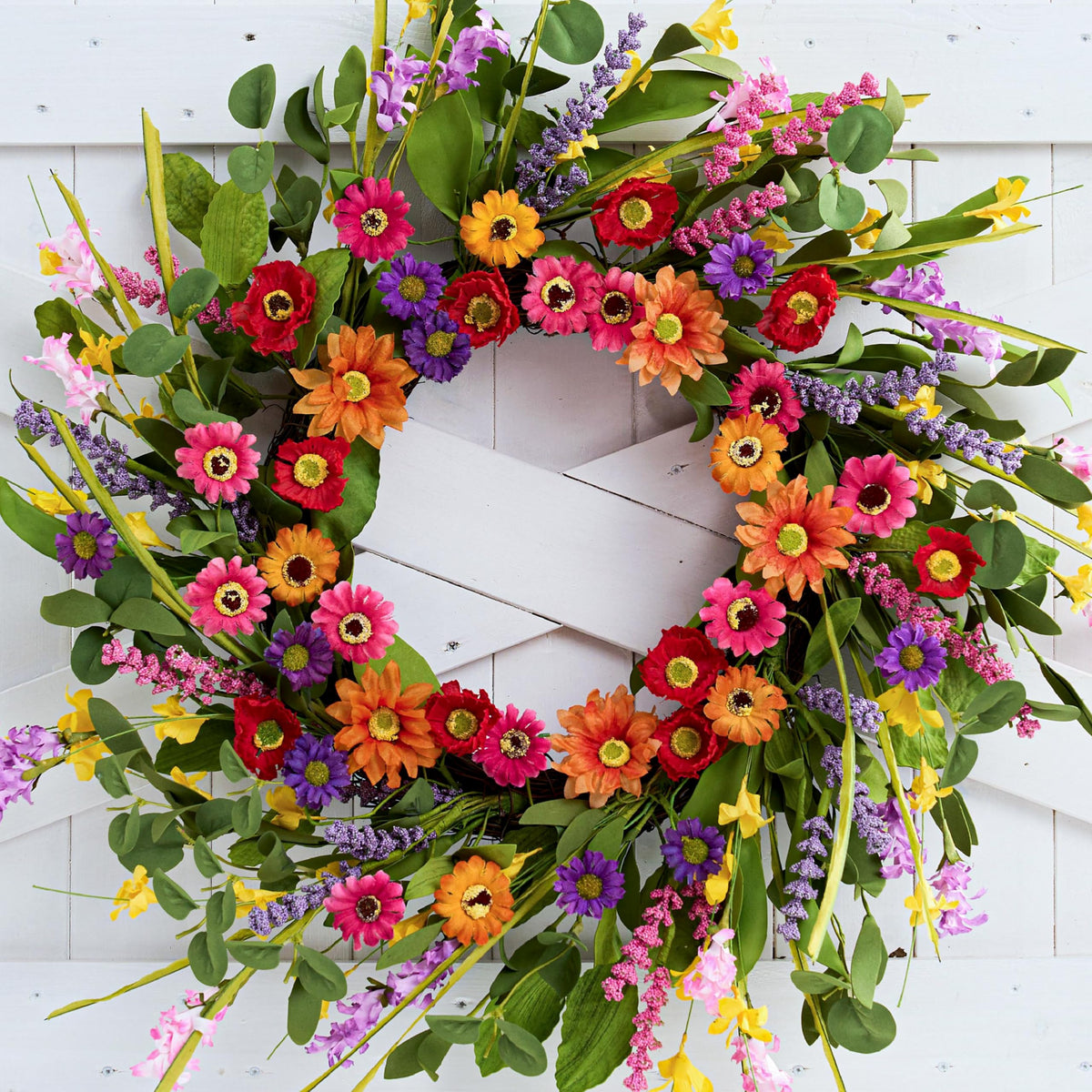 WSTPUPU artificial spring wreath with green eucalyptus, pink daisies, lavender for welcoming front doors.
