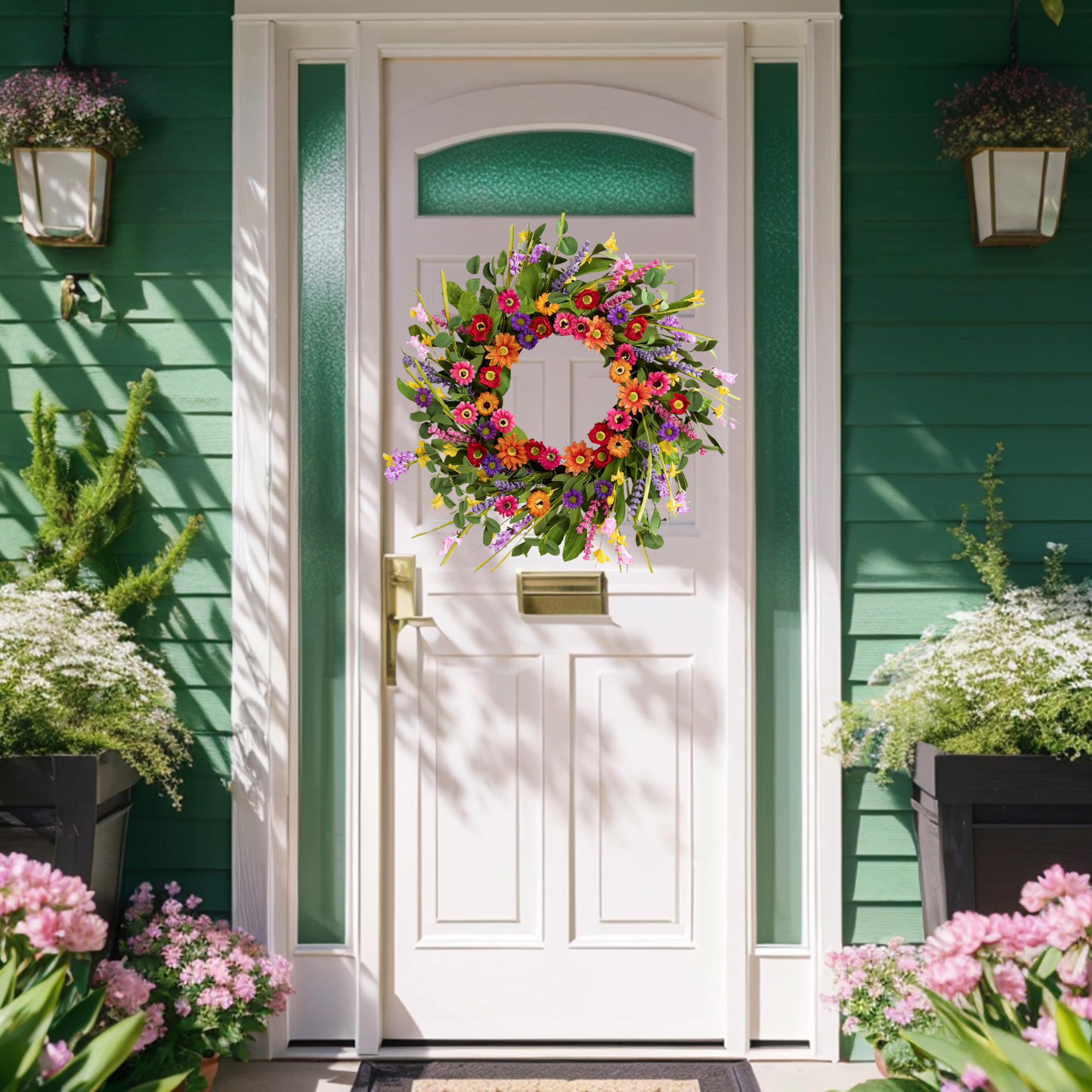 WSTPUPU silk daisies lavender wreath with rustic vine base for year-round decor.