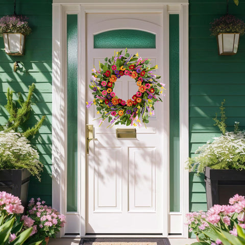 WSTPUPU silk daisies lavender wreath with rustic vine base for year-round decor.