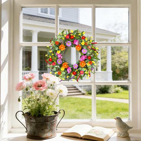 WSTPUPU Spring Wreath displayed indoors on a wall for stylish decor