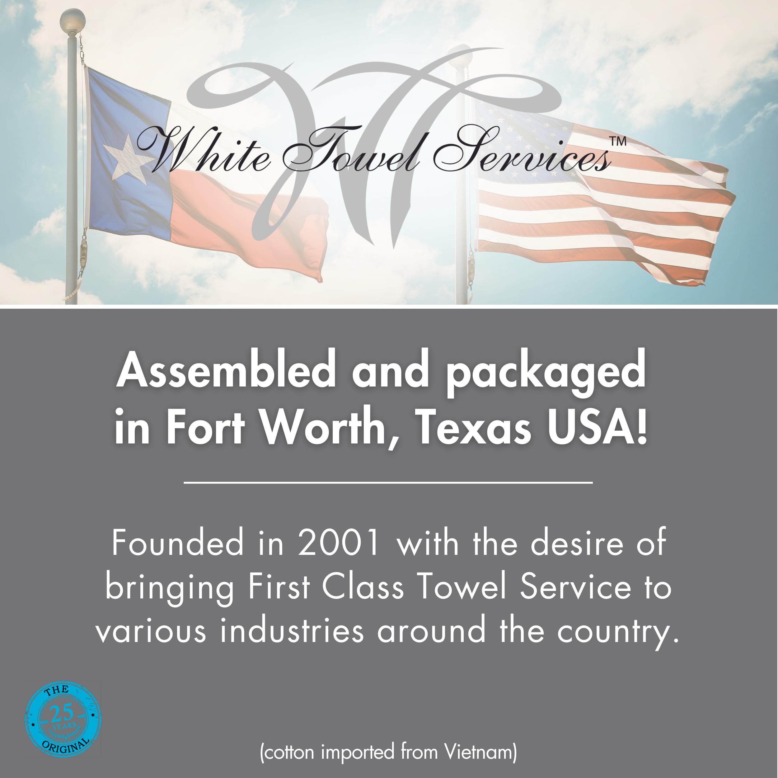 WT White Towel Services towels processed in Texas for hospitality use.