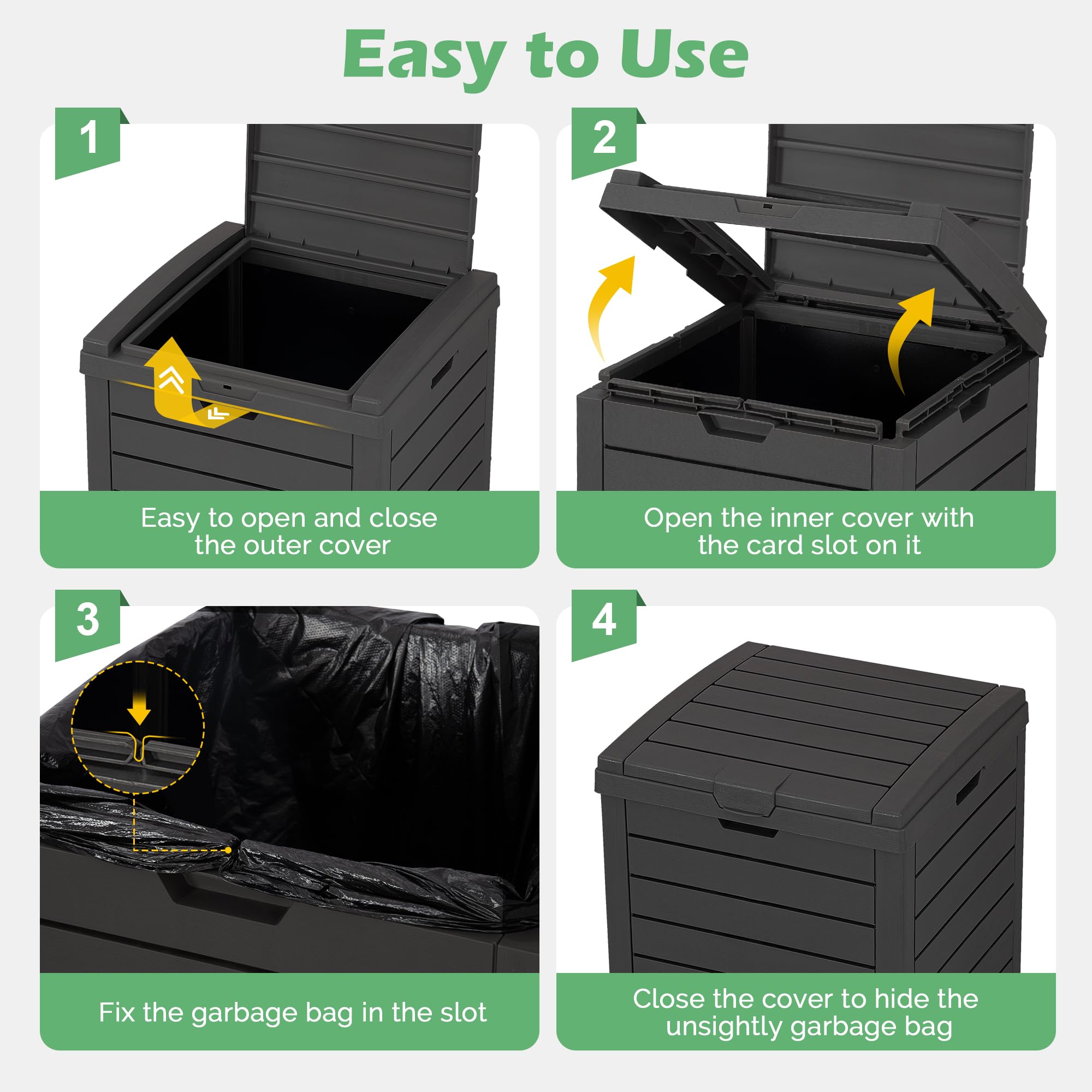 WTFGO weather-resistant trash can suited for patios, garages, and decks.