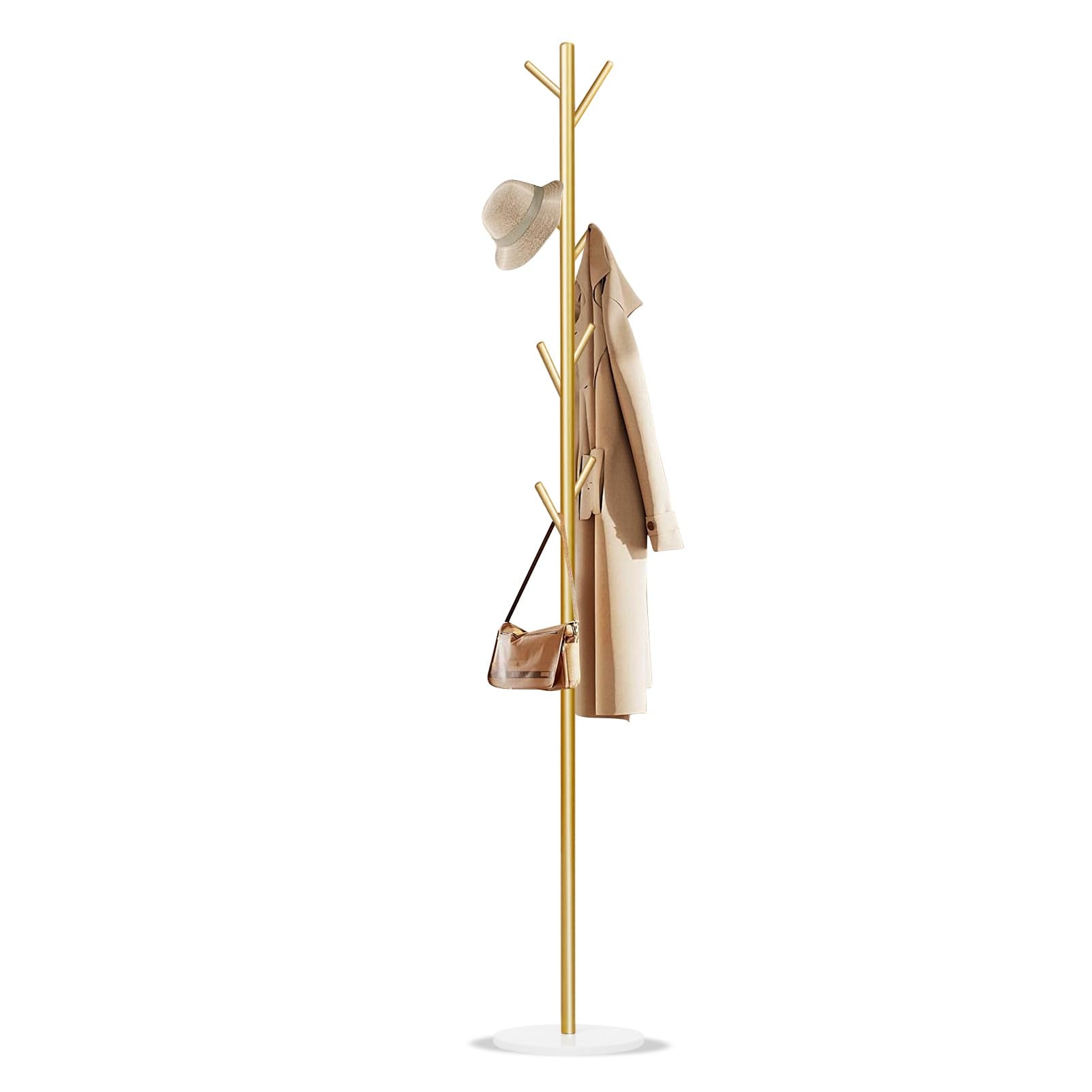 Wtiujhg coat rack with 8 hooks and marble base in gold, durable storage for coats and bags.