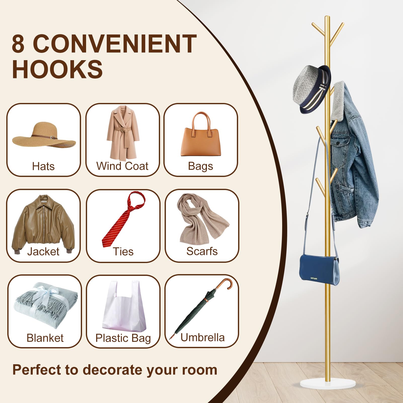 Wtiujhg coat rack with threaded connections for quick, tool-free assembly.