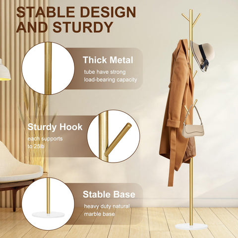 Wtiujhg marble-base coat rack in gold adds stability and elegance to hallway.