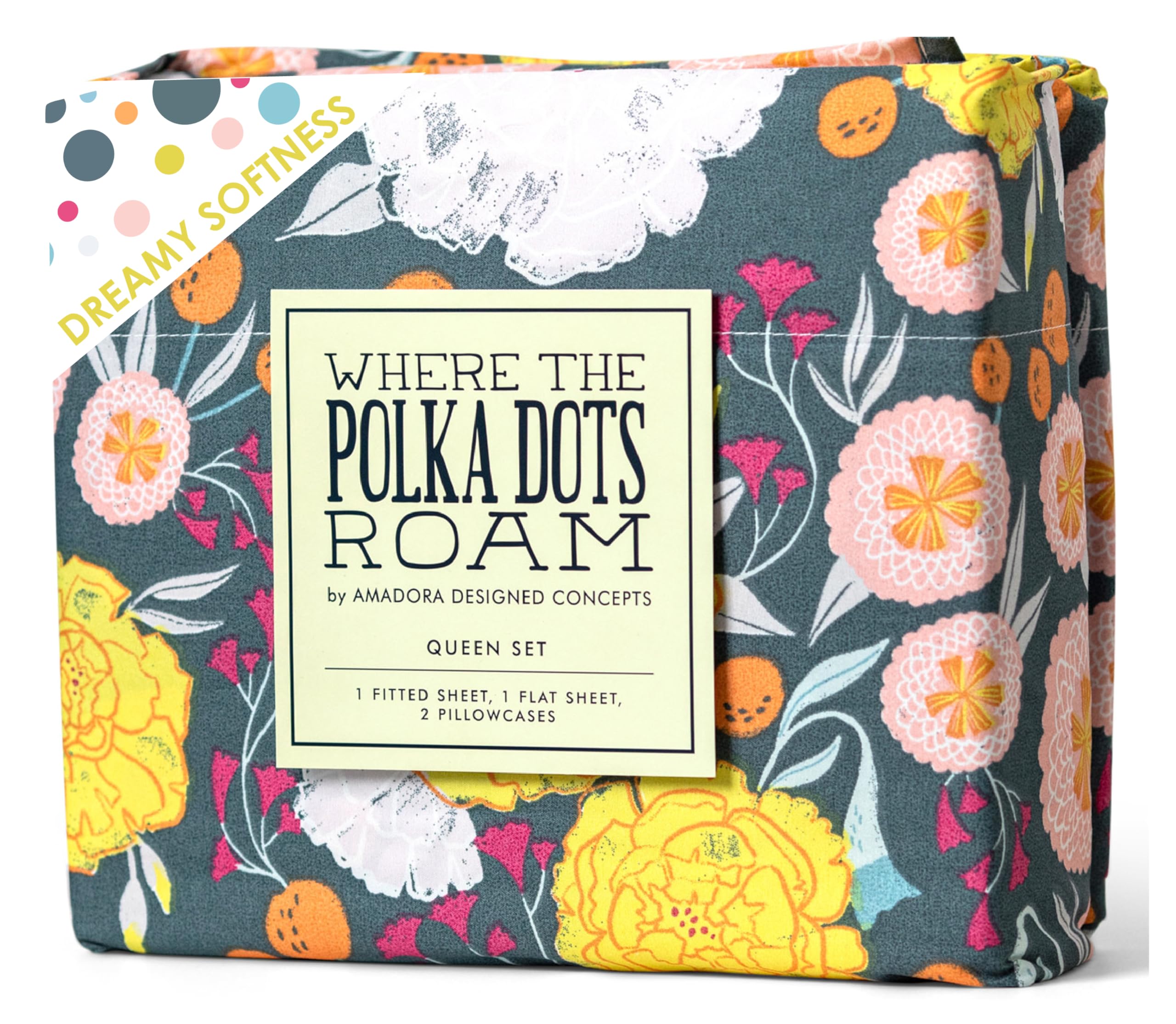 Where The Polka Dots Roam dark floral king flat sheet close-up showing bold print and soft texture