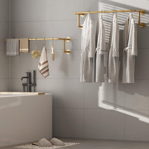 WTPLWD wall-mounted hanging rod organizes laundry room clutter while keeping garments accessible.