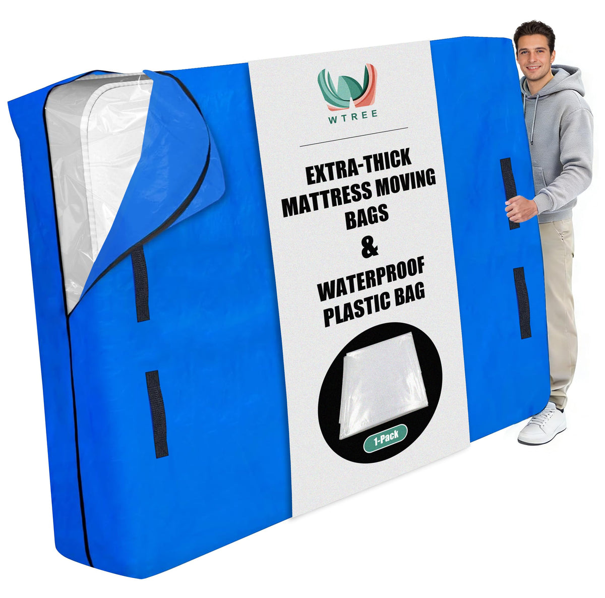 WTREE Double Shield Mattress Bag outer view protecting a queen mattress during moving with 170GSM material.