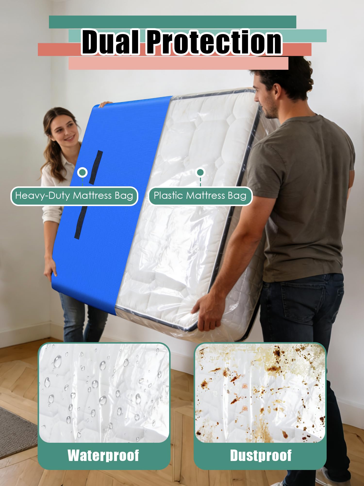 WTREE internal clear mattress protector visible inside guards against dust during long-term storage.