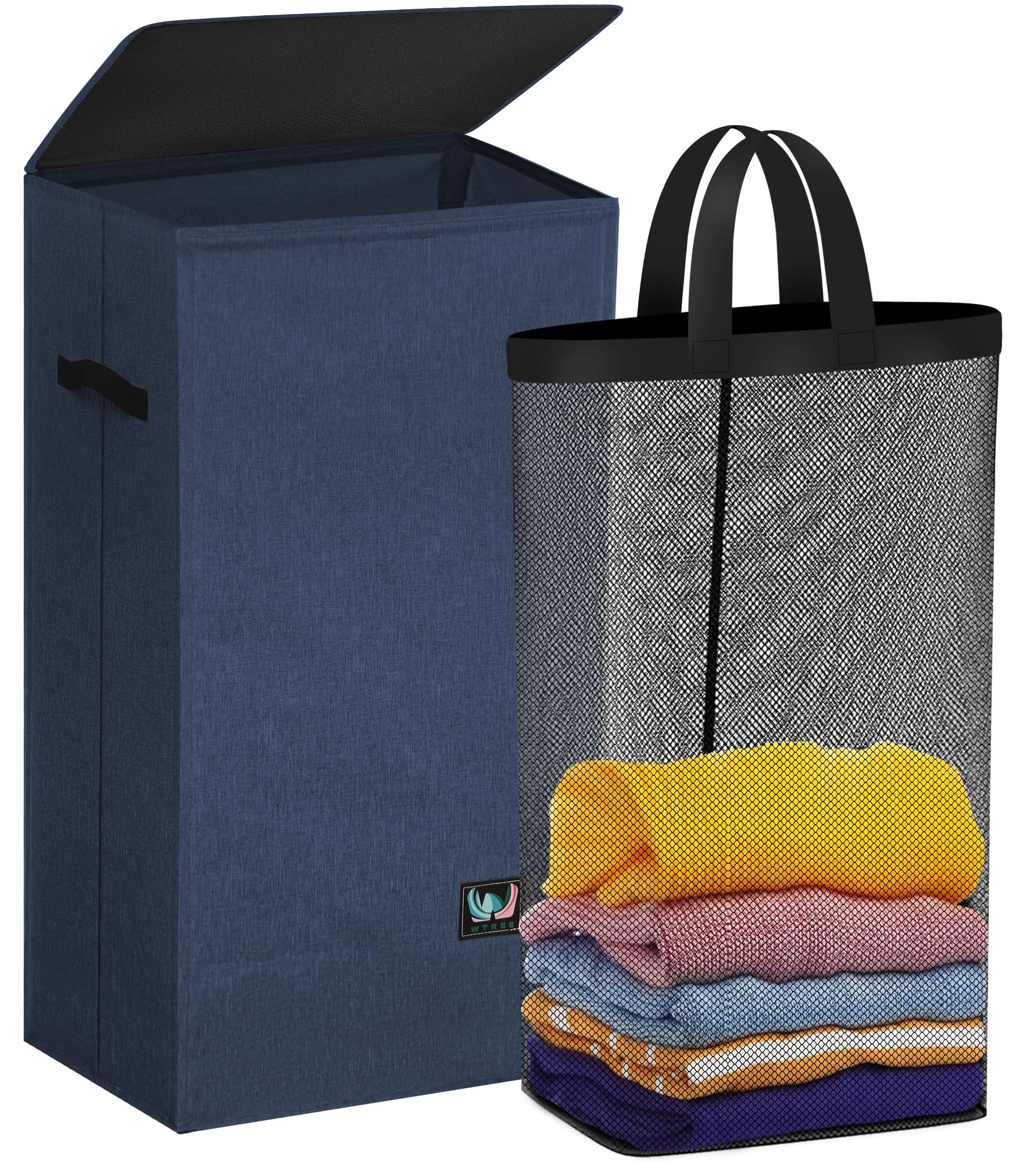 WTREE laundry hamper lid closed to conceal laundry and reduce odors.