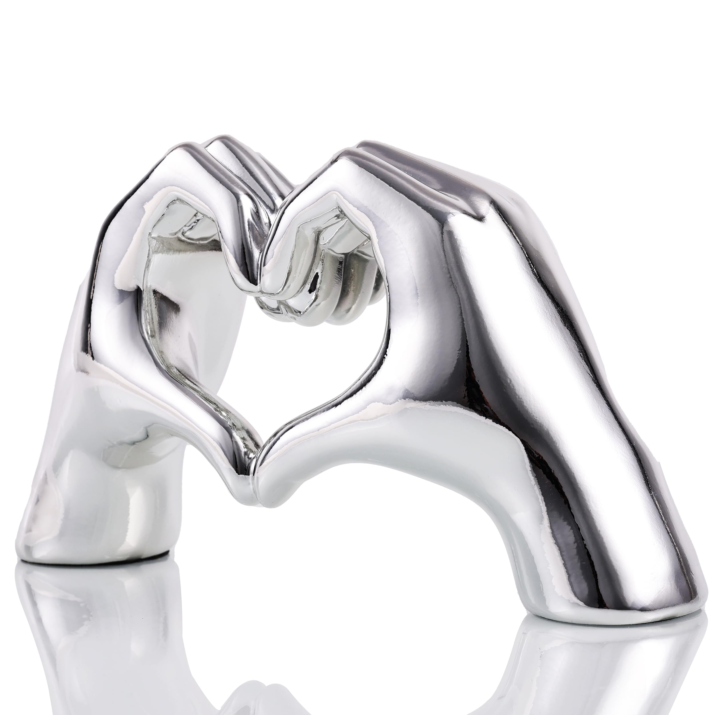 WUBIANJIE Silver Heart Hands Sculpture close-up shows detailed resin carving and modern elegance