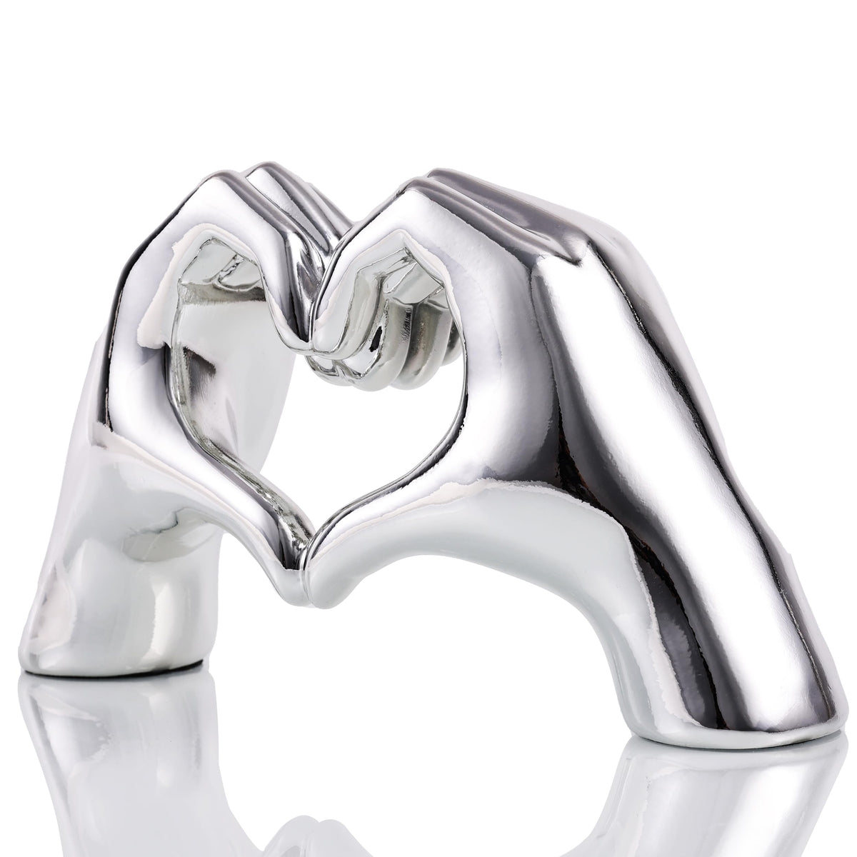 WUBIANJIE Silver Heart Hands Sculpture close-up shows detailed resin carving and modern elegance
