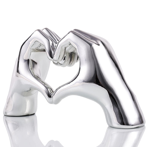 WUBIANJIE Silver Heart Hands Sculpture close-up shows detailed resin carving and modern elegance