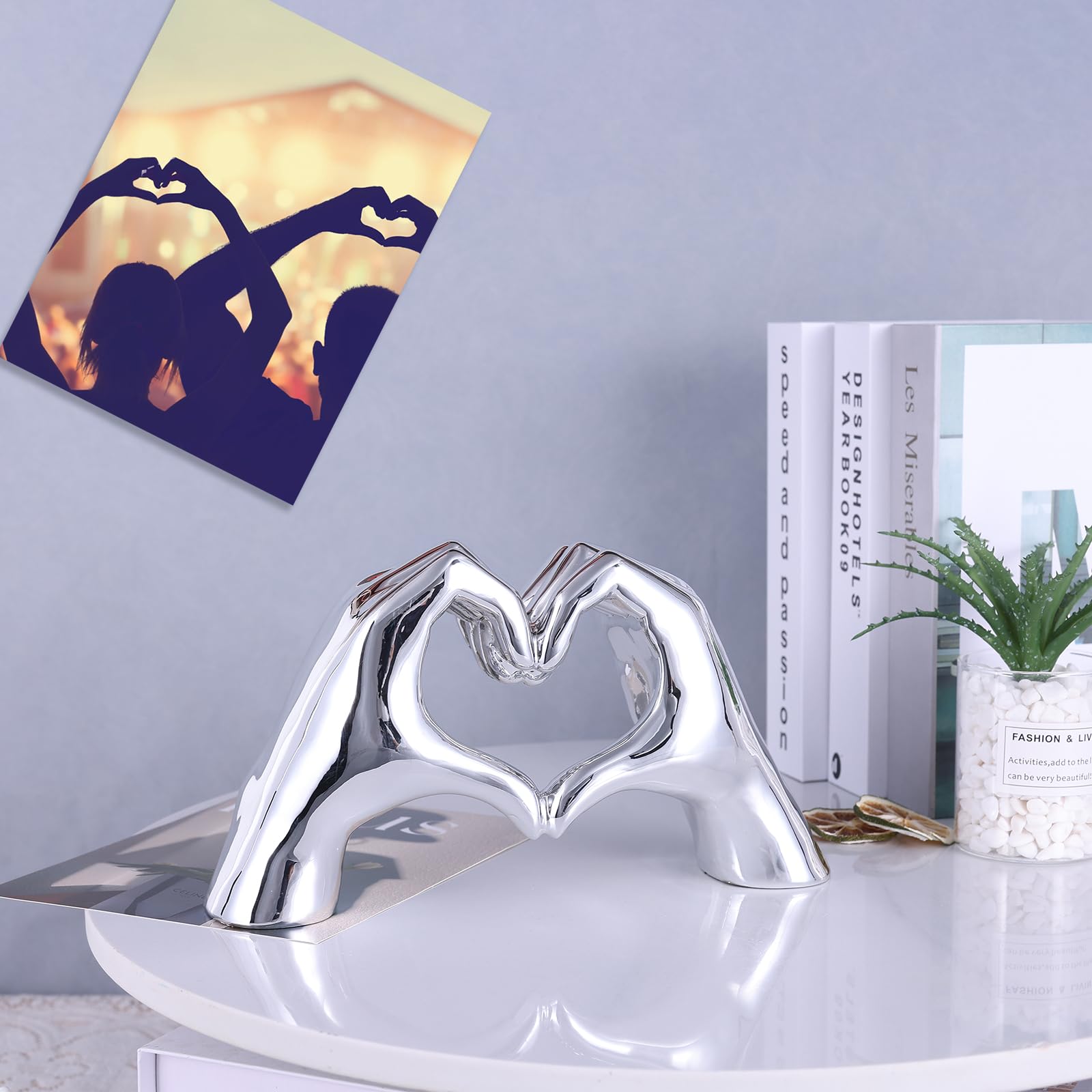 WUBIANJIE Silver Heart Hands Sculpture durable resin finish stays polished with light cleaning