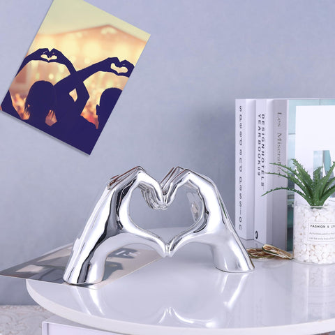 WUBIANJIE Silver Heart Hands Sculpture durable resin finish stays polished with light cleaning