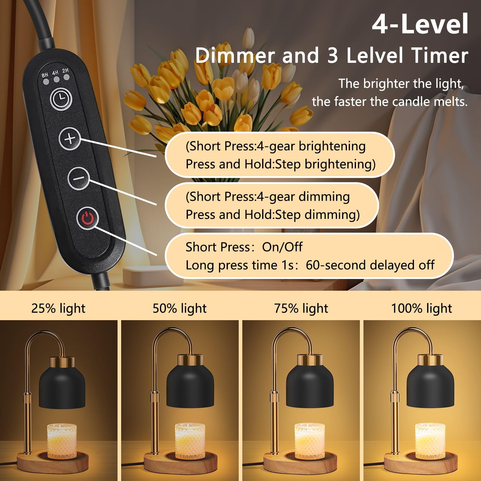 WUEAOA candle warmer lamp brightness control shows four levels for mood settings.