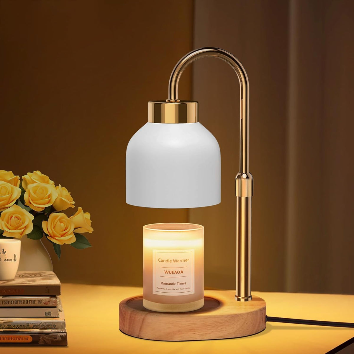 WUEAOA Candle Warmer Lamp base with a sturdy wood foundation for stable, safe scent diffusion.