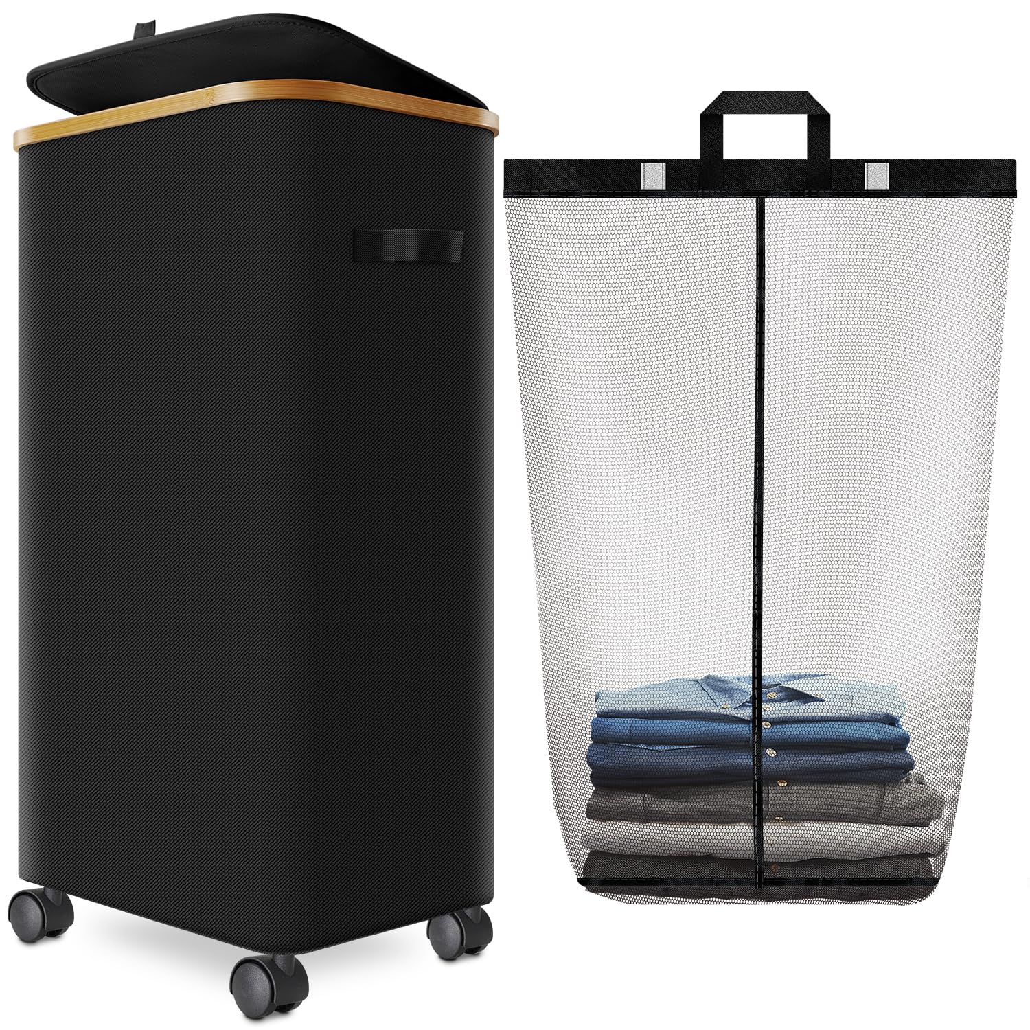 Wuevu laundry hamper with 4-wheel design and lockable brakes for easy movement.
