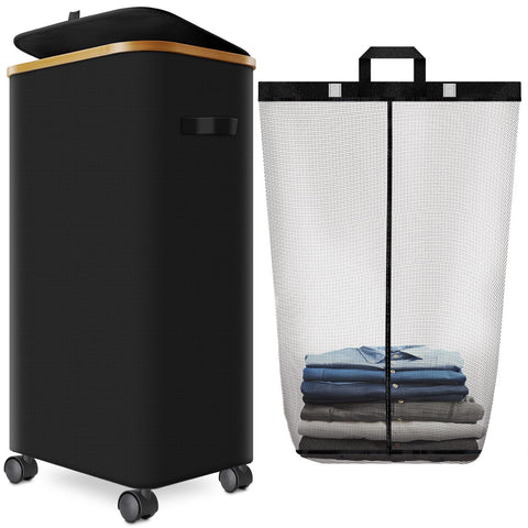 Wuevu laundry hamper with 4-wheel design and lockable brakes for easy movement.
