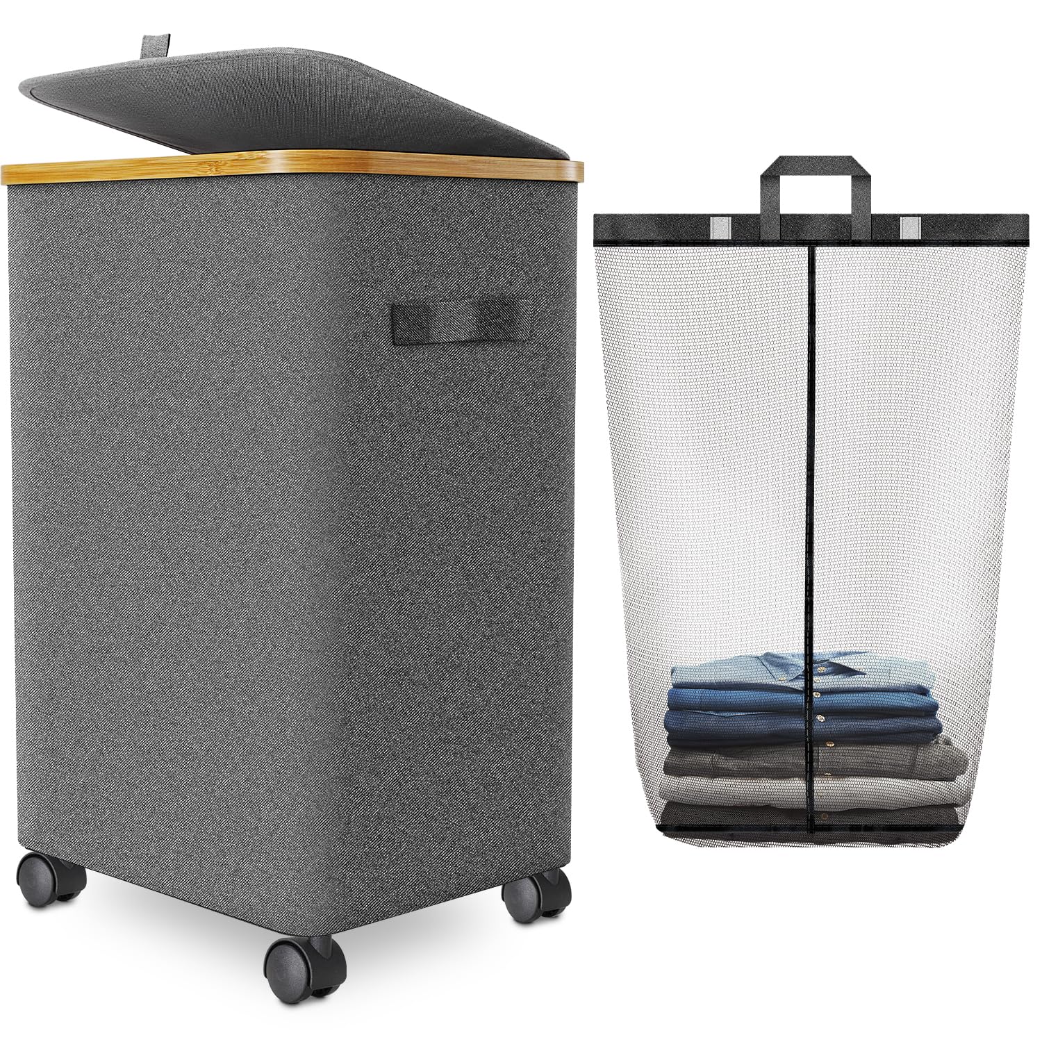 Wuevu laundry hamper with four wheels – front view for easy glide on carpet.
