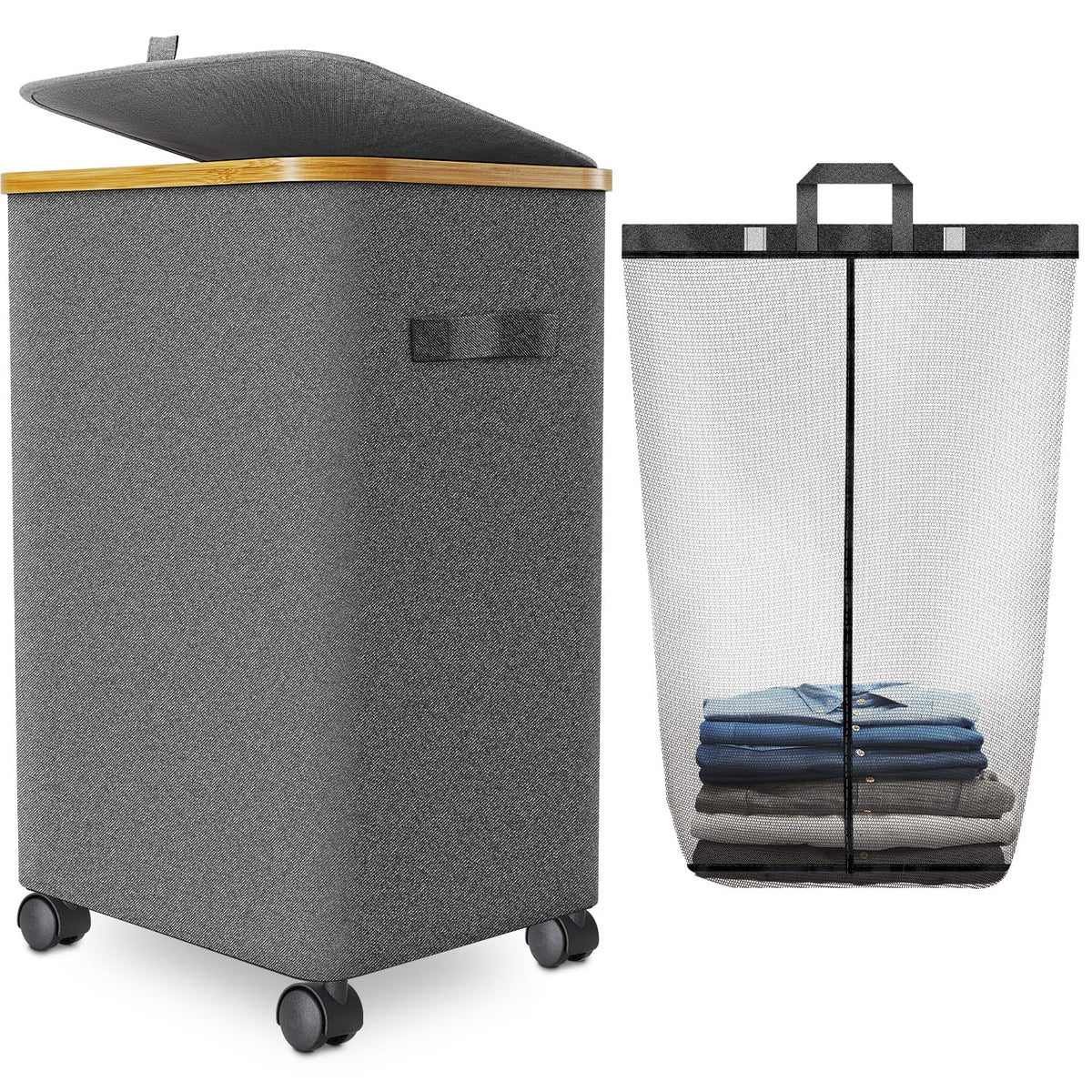 Wuevu laundry hamper with four wheels – front view for easy glide on carpet.
