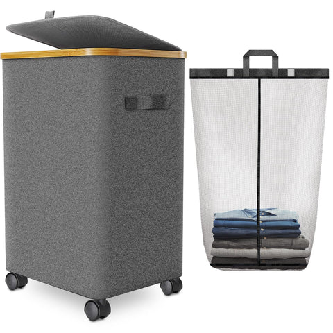 Wuevu laundry hamper with four wheels – front view for easy glide on carpet.