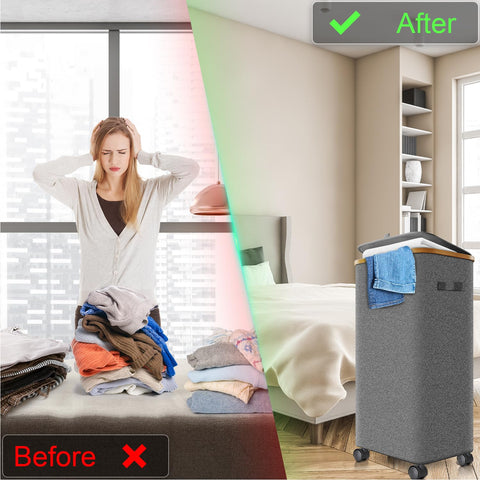 Wuevu hamper on wheels – smooth rolling across carpet and tile.