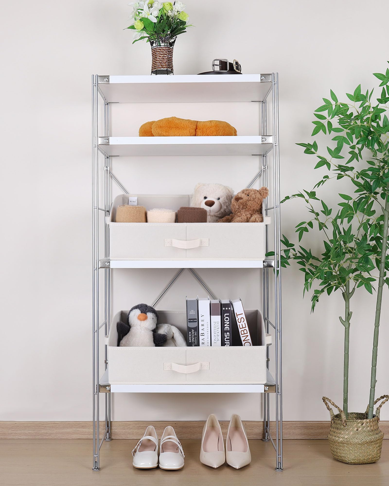 WUIKE bin in closet scene emphasizes versatile organizer for clothes and linens.