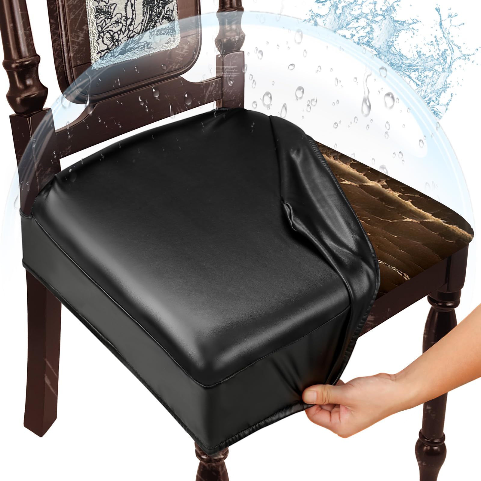 WUSOUPU waterproof dining chair seat cover in black protects upholstery from spills.