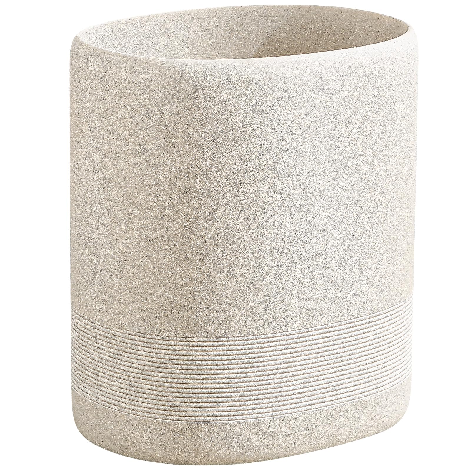 WUUAHOME oval beige trash can with stone-look finish for stylish bathroom waste disposal.
