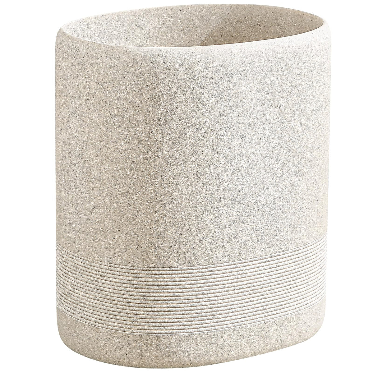 WUUAHOME oval beige trash can with stone-look finish for stylish bathroom waste disposal.