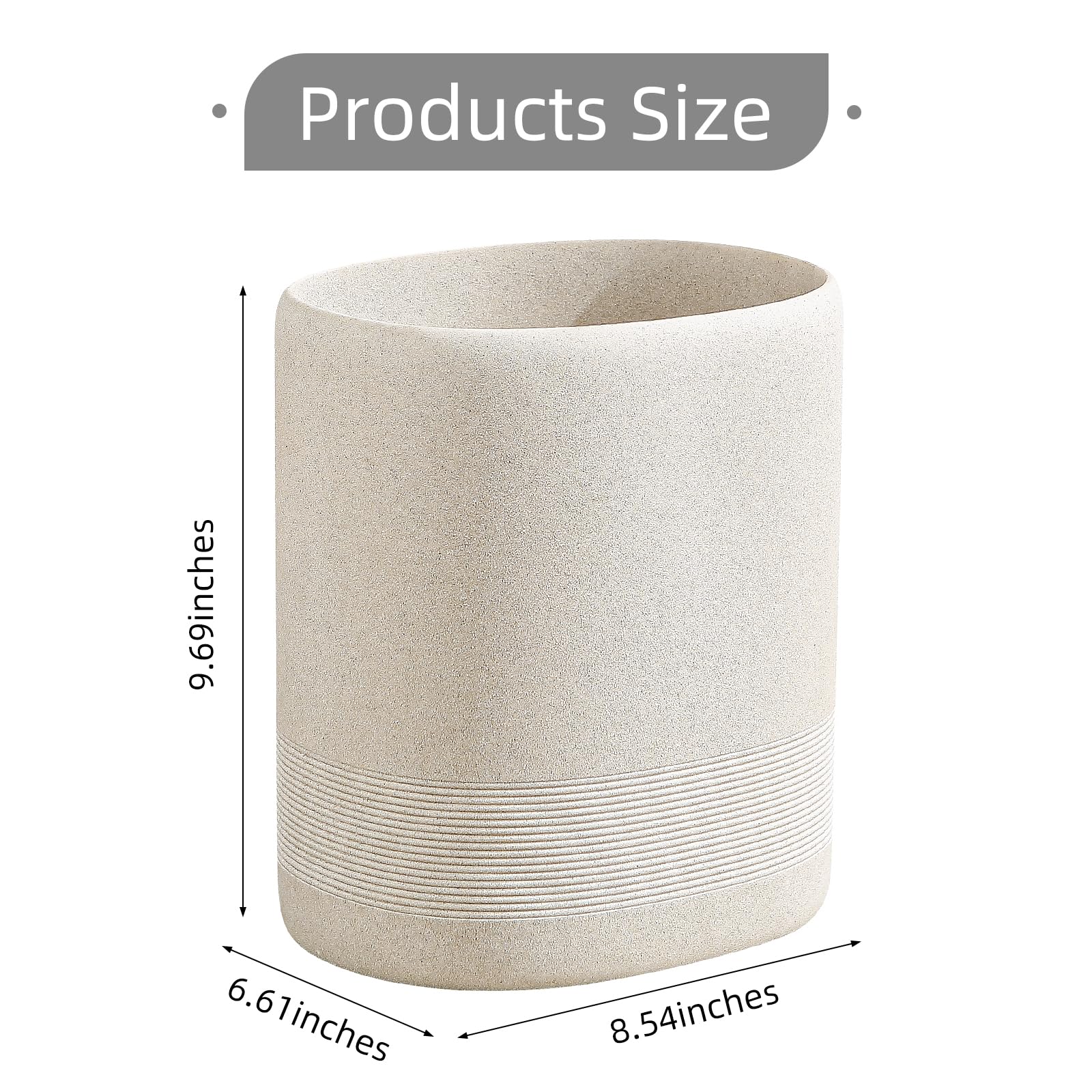WUUAHOME oval beige trash can seen from the side, compact for small spaces.