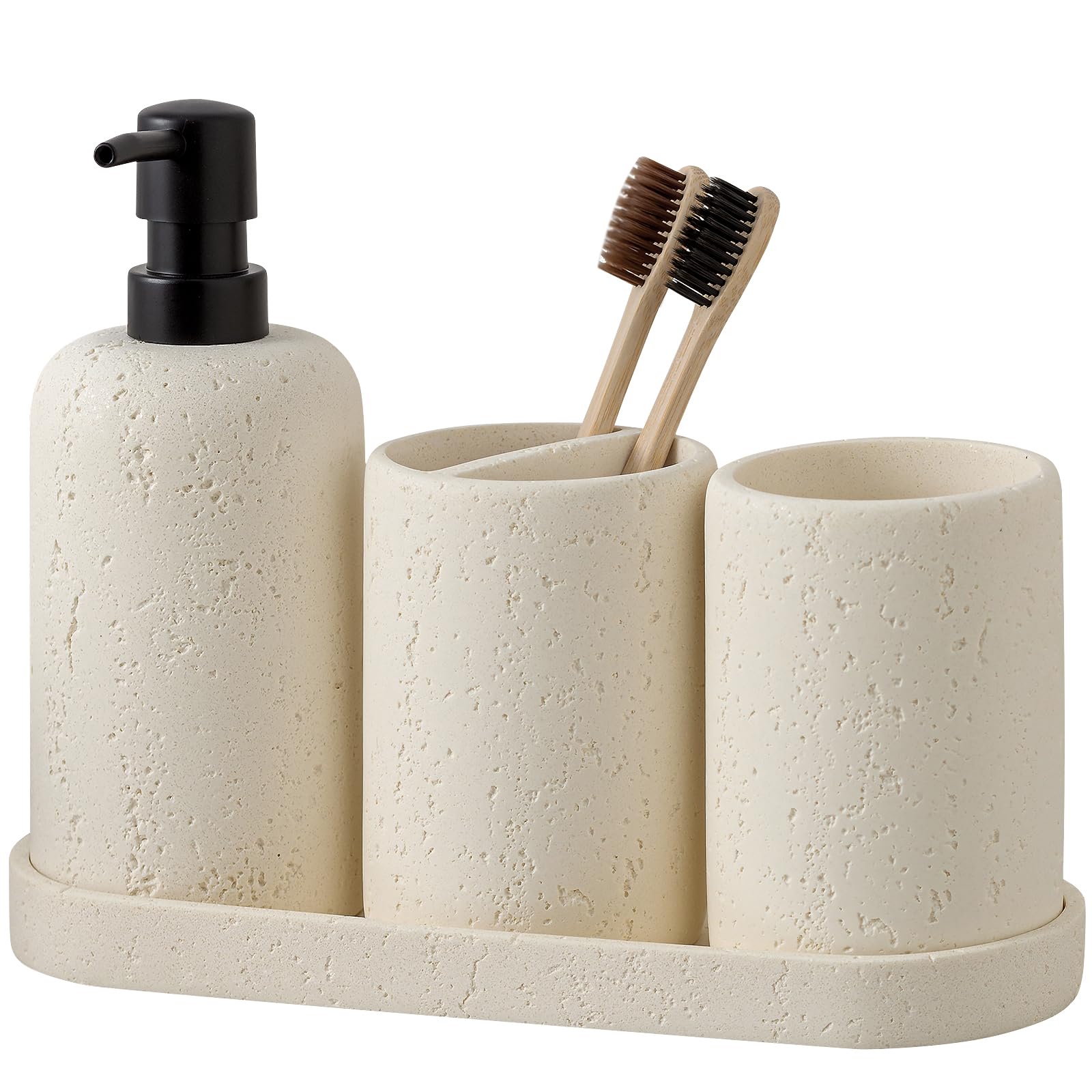 WUUAHOME travertine set on countertop keeps bathroom organized and stylish.