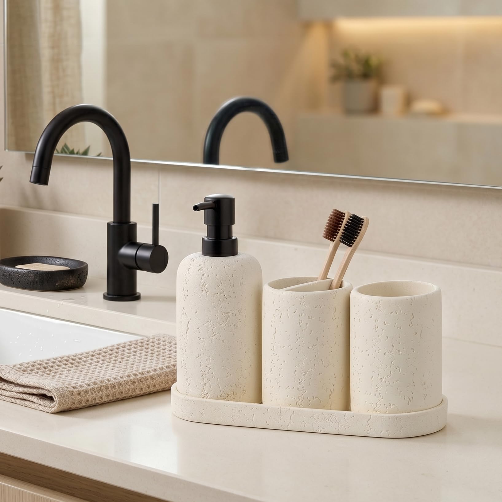 WUUAHOME travertine soap dispenser allows easy, mess-free handwashing.