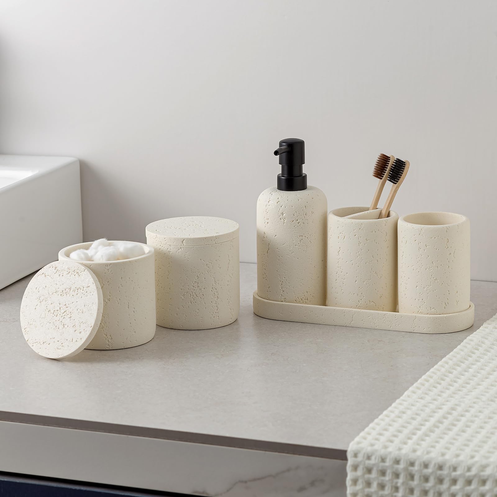 WUUAHOME travertine set on counter shown in coordinated arrangement