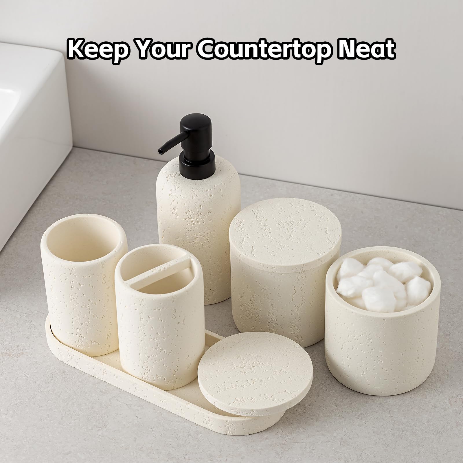 WUUAHOME travertine toothbrush holder with modern texture keeps counters organized